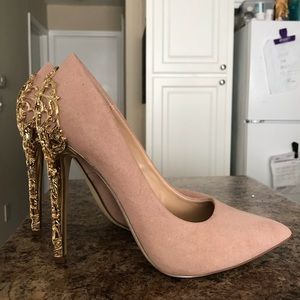 Blush pumps with golden heel